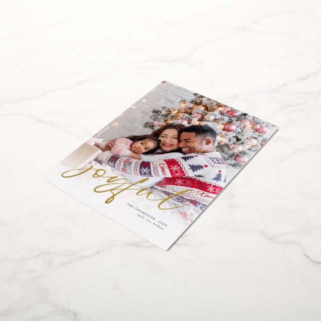 Joyful Photo Overlay Name Christmas Real Foil Holiday Postcard (Rotated)