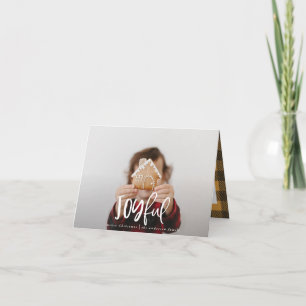 Joyful photo script text and tartan family holiday note card