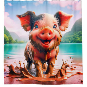 “Joyful Piglet in Mud Bath - Whimsical Farm Art” Shower Curtain