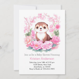 Joyful Pink Floral Otter Girl Baby Shower Invitation
