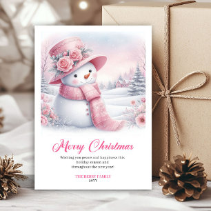 Joyful pink snowman Christmas greeting card digita