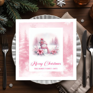 Joyful Pink Snowman Kids Christmas Scene Winter Napkin