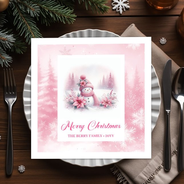 Joyful Pink Snowman Kids Christmas Scene Winter  Napkin (Joyful Pink Snowman Kids Christmas Scene Winter Forest Napkins

)