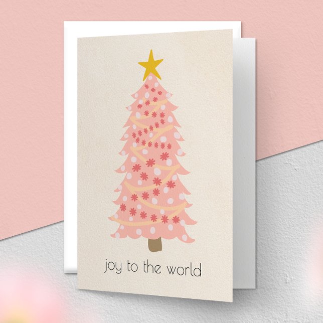 Joyful Pink Tree Cute Minimal Folded Christmas Holiday Card (Creator Uploaded)