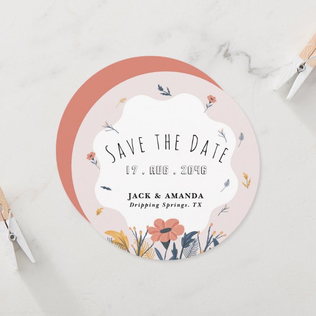 Joyful Playful Summer Flower Wedding Save the Date Invitation (Front/Back In Situ)