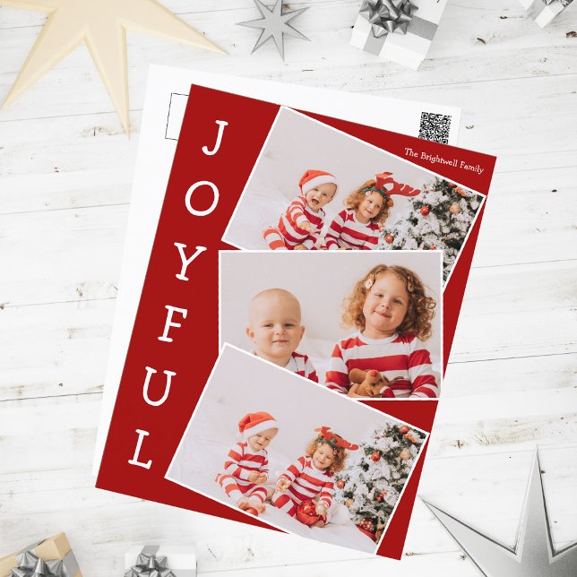 Joyful Red 3 Family Photo Collage Modern Christmas Holiday Postcard (Creator Uploaded)