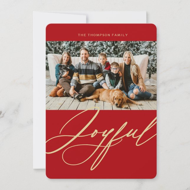Joyful Red Elegant Script Photo Christmas Holiday Card (Front)