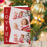 Joyful Red Family Photo Collage Classic Christmas Holiday Card<br><div class="desc">Modern red Christmas photo collage card with 3 kids photographs in a fun overlapping snapshot pattern with white border and the word Joyful written vertically down the side. Find your three favourite pictures for this cute family holiday card.</div>