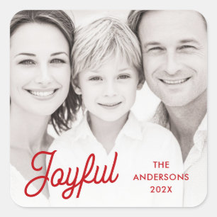 Joyful red festive retro font name year photo square sticker