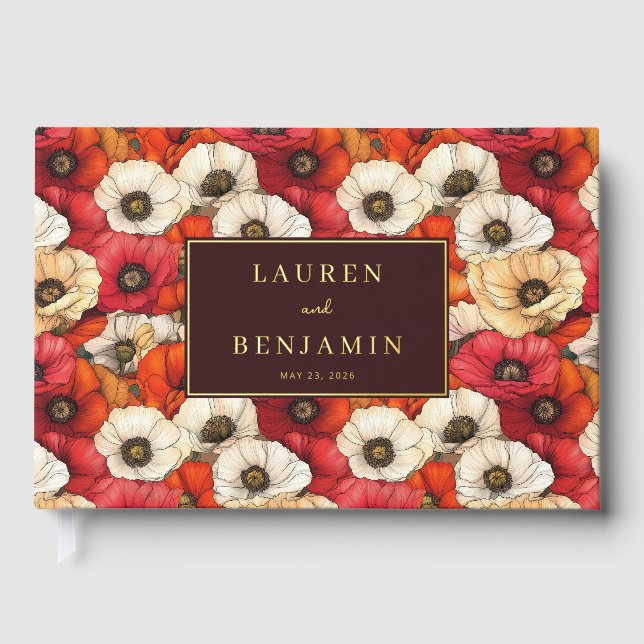 Joyful Red Floral Poppy Celebration Guest Book (Front)