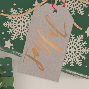 Joyful Red Gold Brushed Script on Grey Kraft Paper Gift Tags