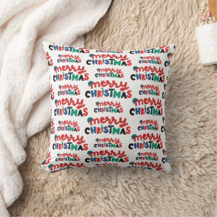 Joyful Red & Green Merry Christmas White Festive Cushion