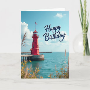 Joyful Red Lighthouse Birthday Card
