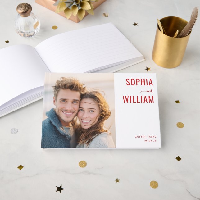 Joyful Red Modern Photo Collage Guest Book (Front Open)