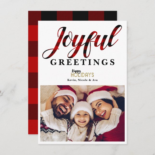 JOYFUL Red Plaid Holiday Greetings Photo Card (Front/Back)
