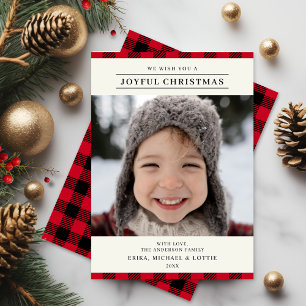 Joyful Red Plaid Merry Christmas Family Picture Holiday Card