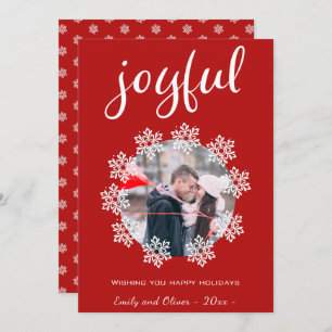 Joyful Red Script Snowflake Frame Photo Holiday Card