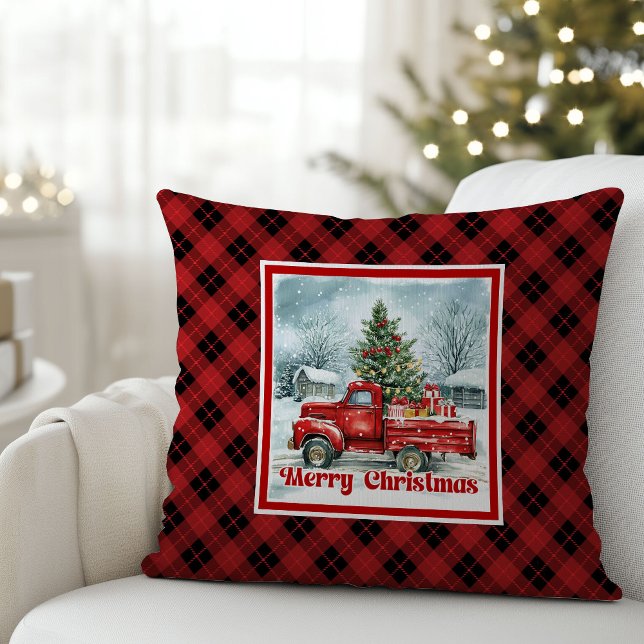 Joyful red truck Christmas scene rustic festive  Cushion (Joyful red truck Christmas scene rustic festive pillow art

)