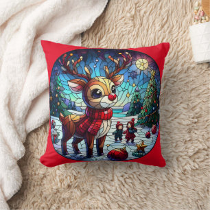 Joyful reindeer in winter wonderland with friends cushion