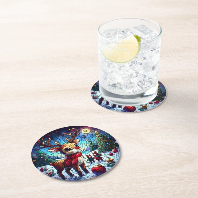 Joyful reindeer in winter wonderland with friends round paper coaster (Insitu)