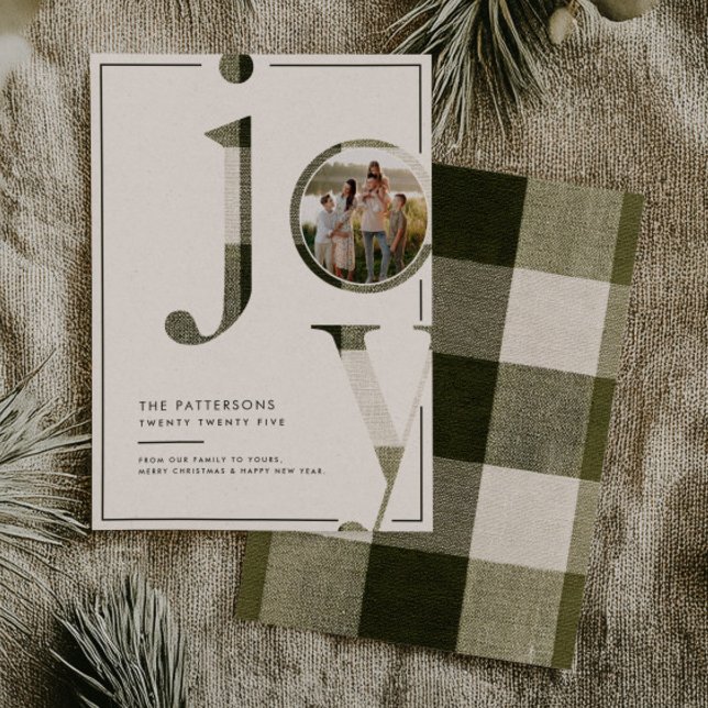 Joyful Rustic Green Plaid Family Photo Christmas Holiday Card (Creator Uploaded)