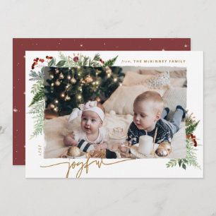 JOYFUL Rustic Greenery Gold Dry Brush Effect Photo Holiday Card