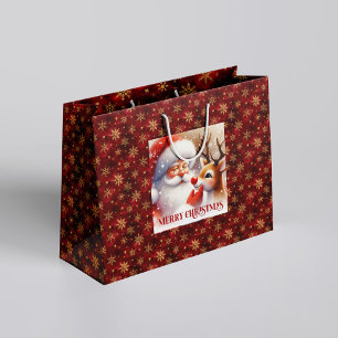 Joyful Santa and Rudolph Christmas Cartoon Gifting Large Gift Bag