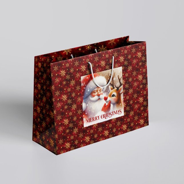 Joyful Santa and Rudolph Christmas Cartoon Gifting Large Gift Bag (Joyful Santa and Rudolph Christmas Cartoon Gift Bag)