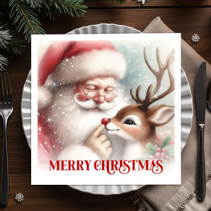 Joyful Santa Claus Rudolph Holiday Party Dinner Napkin