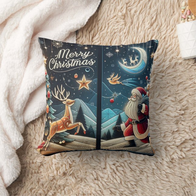 Joyful Santa on snowy Christmas Eve Cushion (Blanket)