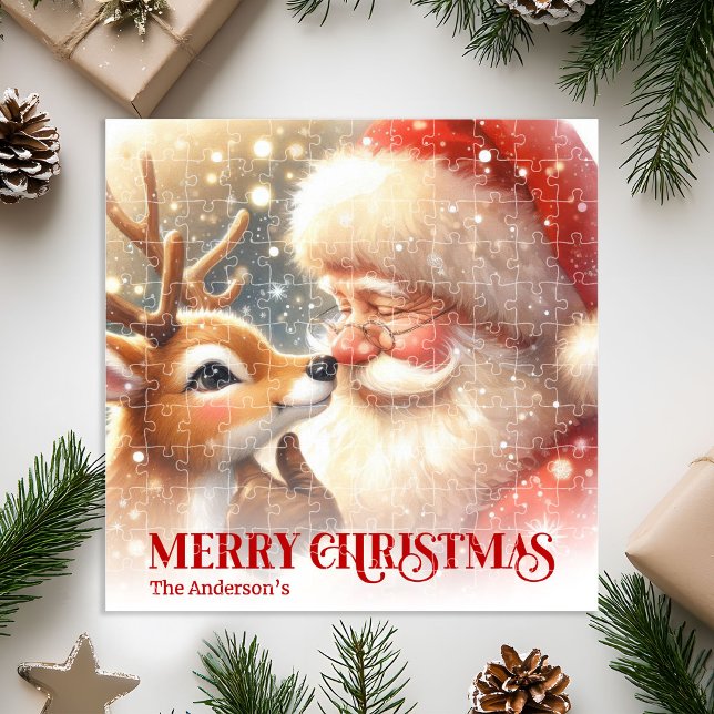 Joyful Santa Rudolph Personalized Christmas Kids  Jigsaw Puzzle (Joyful Santa Rudolph Personalized Christmas Kids Holiday Puzzle

)