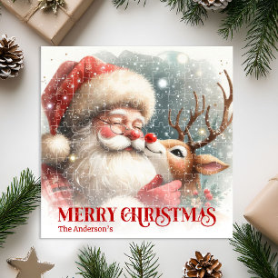 Joyful Santa Rudolph Personalized Christmas Kids Jigsaw Puzzle