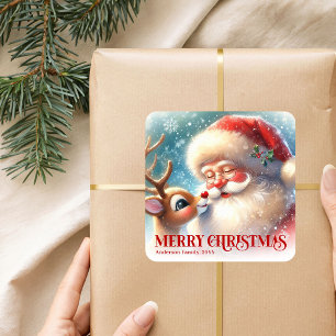 Joyful Santa Rudolph Personalized Christmas Kids   Square Sticker