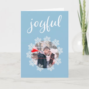 Joyful Script Blue Snowflake Frame Photo Holiday Card