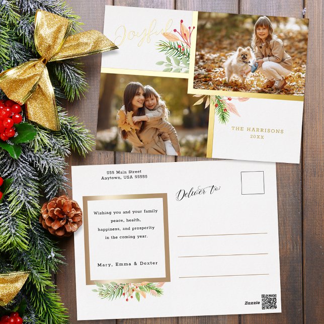 Joyful Script Botanical 2-Photo w/Gold Frame Foil Holiday Postcard (Creator Uploaded)