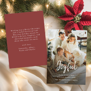 Joyful Script Christmas Simple Family Photo Red Holiday Card