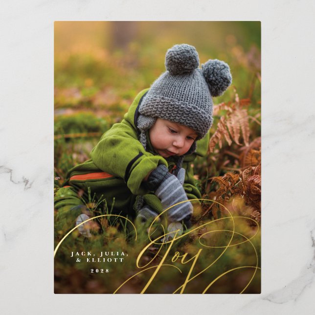 Joyful Script Happy Photo Foil Holiday Postcard (Front)