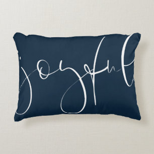 Joyful script navy blue holiday decorative cushion
