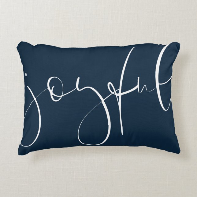 Joyful script navy blue holiday decorative cushion (Front)