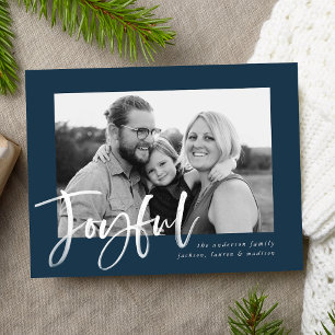 Joyful Script Navy Holiday Photo Postcard