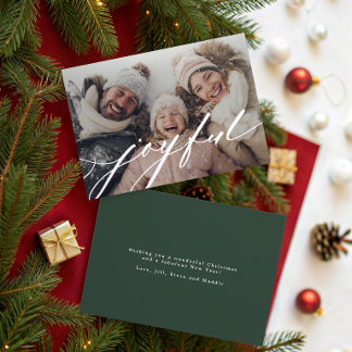 Joyful Script Overlay Photo Dark Green Holiday Card
