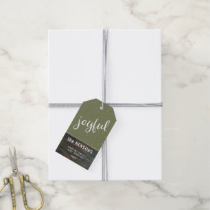 Joyful Script Rustic Wood Olive Green Holiday Gift Tags