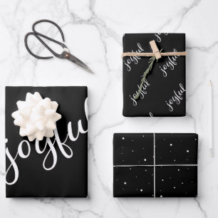 Joyful Script Snowflake Black and White Holiday  Wrapping Paper Sheet