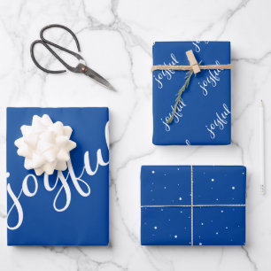 Joyful Script Snowflake Blue and White Holiday Wrapping Paper Sheet