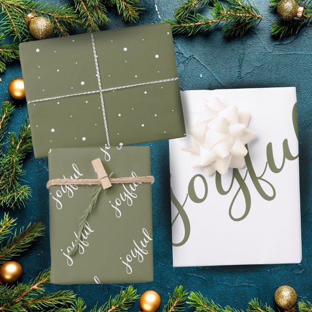 Joyful Script Snowflake Olive Green Holiday Wrapping Paper Sheet (Creator Uploaded)