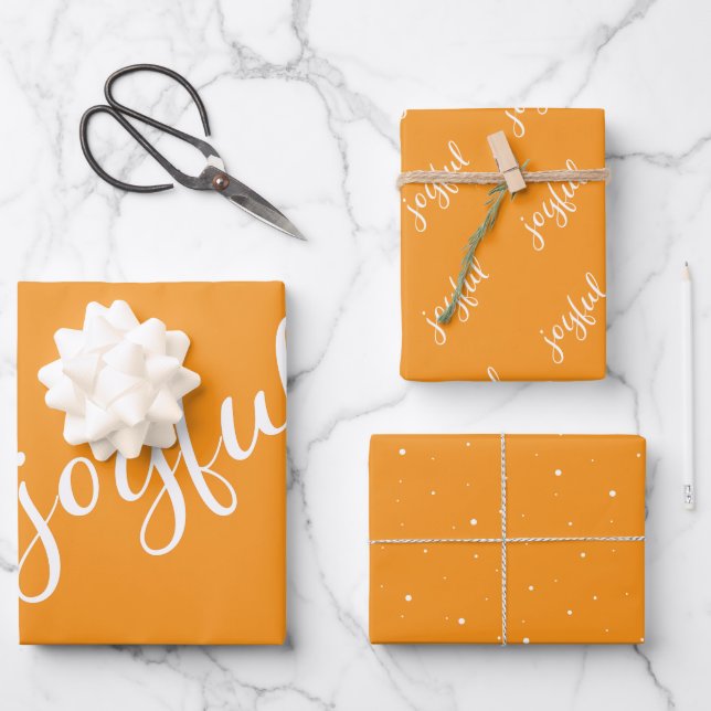 Joyful Script Snowflakes Orange Holiday Wrapping Paper Sheet (Front)