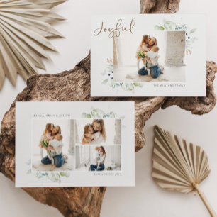 Joyful Script Watercolor Greenery 4 Photo Holiday Card