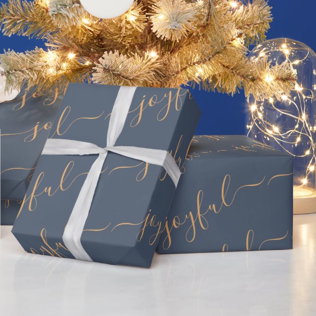 Joyful Scroll Text On Dark Blue Christmas Wrapping Paper (Holidays)