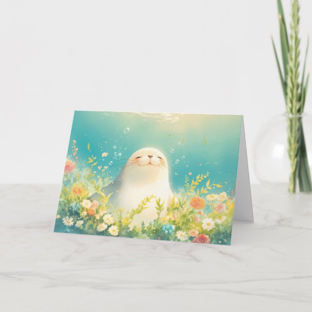 Joyful Seal Amid Ocean Blooms Card (Front)