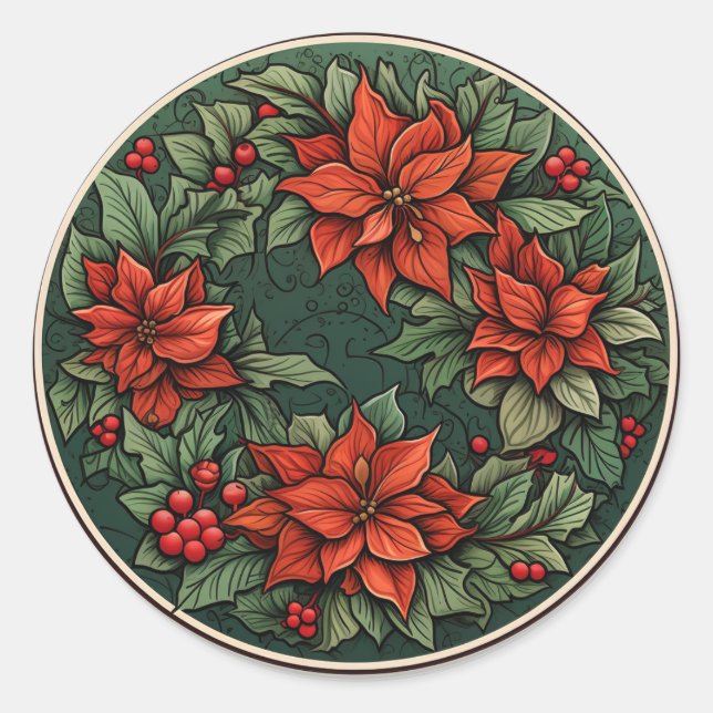 Joyful Seasonal Foliage-Poinsettia Classic Round Sticker (Front)
